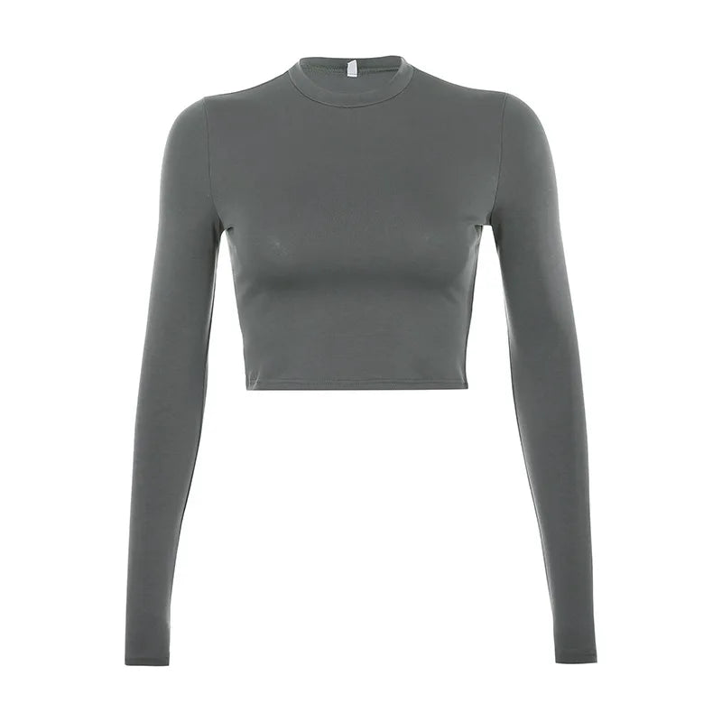 Women's Basic Long Sleeve Crop Top – Casual Korean Fashion Tee