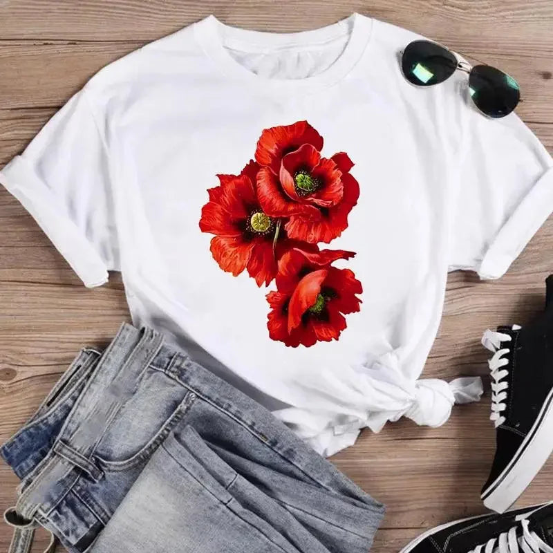 Women's Watercolor Flower Graphic T-Shirt – Summer Casual Tee